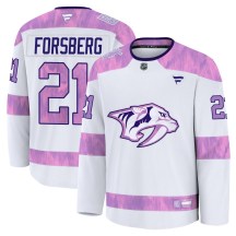 Men's Fanatics Nashville Predators Peter Forsberg White 2024 Hockey Fights Cancer Practice Jersey - Premium Men's Fanatics Nashville Predators Peter Forsberg White 2024 Hockey Fights Cancer Practice Jersey - Premium