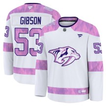 Men's Fanatics Nashville Predators Andrew Gibson White 2024 Hockey Fights Cancer Practice Jersey - Premium Men's Fanatics Nashville Predators Andrew Gibson White 2024 Hockey Fights Cancer Practice Jersey - Premium
