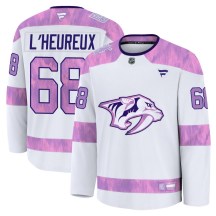 Men's Fanatics Nashville Predators Zachary L'Heureux White 2024 Hockey Fights Cancer Practice Jersey - Premium Men's Fanatics Nashville Predators Zachary L'Heureux White 2024 Hockey Fights Cancer Practice Jersey - Premium
