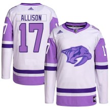Men's Adidas Nashville Predators Wade Allison White/Purple Hockey Fights Cancer Primegreen Jersey - Authentic