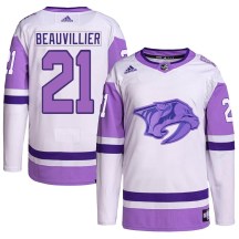 Men's Adidas Nashville Predators Anthony Beauvillier White/Purple Hockey Fights Cancer Primegreen Jersey - Authentic
