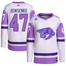 Men's Adidas Nashville Predators Grigori Denisenko White/Purple Hockey Fights Cancer Primegreen Jersey - Authentic Men's Adidas Nashville Predators Grigori Denisenko White/Purple Hockey Fights Cancer Primegreen Jersey - Authentic