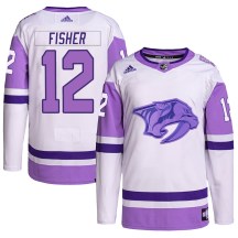 Men's Adidas Nashville Predators Mike Fisher White/Purple Hockey Fights Cancer Primegreen Jersey - Authentic