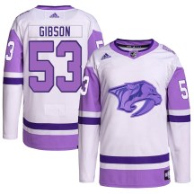 Men's Adidas Nashville Predators Andrew Gibson White/Purple Hockey Fights Cancer Primegreen Jersey - Authentic Men's Adidas Nashville Predators Andrew Gibson White/Purple Hockey Fights Cancer Primegreen Jersey - Authentic