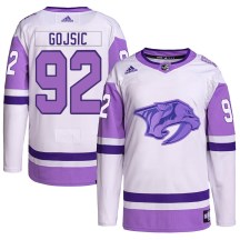 Men's Adidas Nashville Predators Hiroki Gojsic White/Purple Hockey Fights Cancer Primegreen Jersey - Authentic Men's Adidas Nashville Predators Hiroki Gojsic White/Purple Hockey Fights Cancer Primegreen Jersey - Authentic