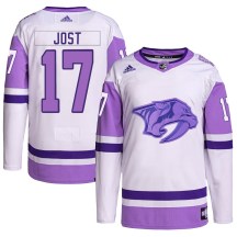 Men's Adidas Nashville Predators Tyson Jost White/Purple Hockey Fights Cancer Primegreen Jersey - Authentic Men's Adidas Nashville Predators Tyson Jost White/Purple Hockey Fights Cancer Primegreen Jersey - Authentic