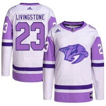 Men's Adidas Nashville Predators Jake Livingstone White/Purple Hockey Fights Cancer Primegreen Jersey - Authentic Men's Adidas Nashville Predators Jake Livingstone White/Purple Hockey Fights Cancer Primegreen Jersey - Authentic