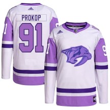 Men's Adidas Nashville Predators Luke Prokop White/Purple Hockey Fights Cancer Primegreen Jersey - Authentic