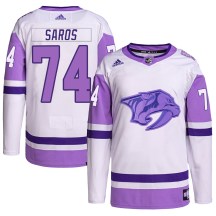 Men's Adidas Nashville Predators Juuse Saros White/Purple Hockey Fights Cancer Primegreen Jersey - Authentic