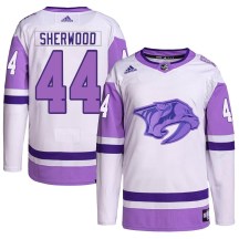 Men's Adidas Nashville Predators Kiefer Sherwood White/Purple Hockey Fights Cancer Primegreen Jersey - Authentic