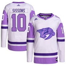 Men's Adidas Nashville Predators Colton Sissons White/Purple Hockey Fights Cancer Primegreen Jersey - Authentic