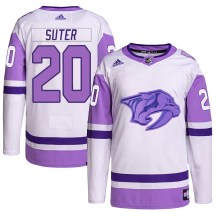 Men's Adidas Nashville Predators Ryan Suter White/Purple Hockey Fights Cancer Primegreen Jersey - Authentic Men's Adidas Nashville Predators Ryan Suter White/Purple Hockey Fights Cancer Primegreen Jersey - Authentic