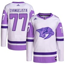 Youth Adidas Nashville Predators Luke Evangelista White/Purple Hockey Fights Cancer Primegreen Jersey - Authentic Youth Adidas Nashville Predators Luke Evangelista White/Purple Hockey Fights Cancer Primegreen Jersey - Authentic