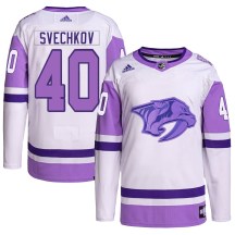 Youth Adidas Nashville Predators Fedor Svechkov White/Purple Hockey Fights Cancer Primegreen Jersey - Authentic Youth Adidas Nashville Predators Fedor Svechkov White/Purple Hockey Fights Cancer Primegreen Jersey - Authentic