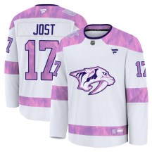 Youth Fanatics Nashville Predators Tyson Jost White 2024 Hockey Fights Cancer Practice Jersey - Premium Youth Fanatics Nashville Predators Tyson Jost White 2024 Hockey Fights Cancer Practice Jersey - Premium