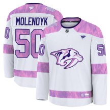 Men's Fanatics Nashville Predators Tanner Molendyk White 2024 Hockey Fights Cancer Practice Jersey - Premium