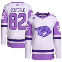 Men's Adidas Nashville Predators Jordan Oesterle White/Purple Hockey Fights Cancer Primegreen Jersey - Authentic