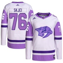 Men's Adidas Nashville Predators Brady Skjei White/Purple Hockey Fights Cancer Primegreen Jersey - Authentic
